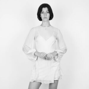 GINIA / RTW Elegant Sheer navy blue mini Dress wedding fitted balloon sleeves s